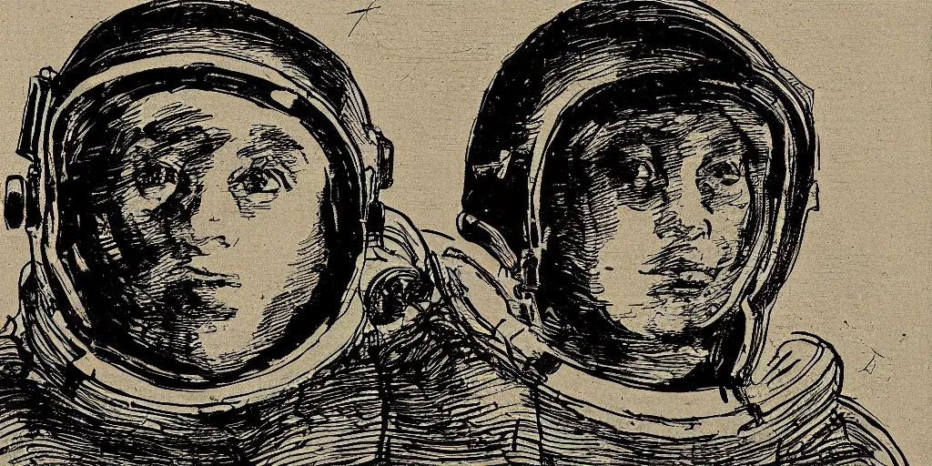 Image similar to portrait of a person wearing a space helmet, in the style of Goya etchings