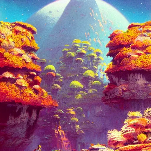 Image similar to detailed illustration of a lush natural scene on an alien planet by paul lehr. beautiful landscape. weird vegetation. cliffs and water.