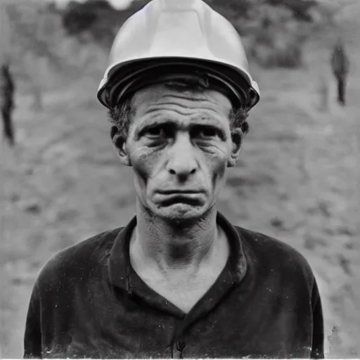 Prompt: portrait of coal mine worker by Diane Arbus, 50mm, black and white photography