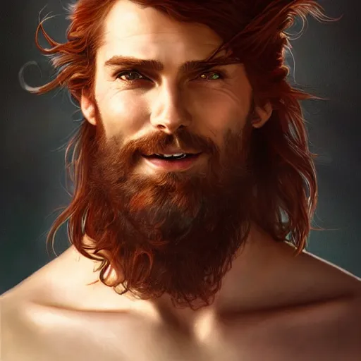 Image similar to portrait of a young ruggedly handsome but joyful pirate, male, masculine, upper body, red hair, long hair, d & d, fantasy, intricate, elegant, highly detailed, digital painting, artstation, concept art, matte, sharp focus, illustration, art by artgerm and greg rutkowski and alphonse mucha