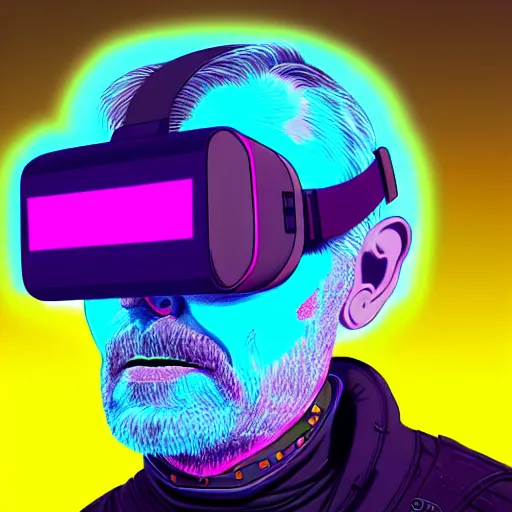 Image similar to Colour Photography of 1000 years old man with highly detailed 1000 years old face wearing higly detailed cyberpunk VR Headset designed by Josan Gonzalez . in style of Josan Gonzalez. Rendered in Blender