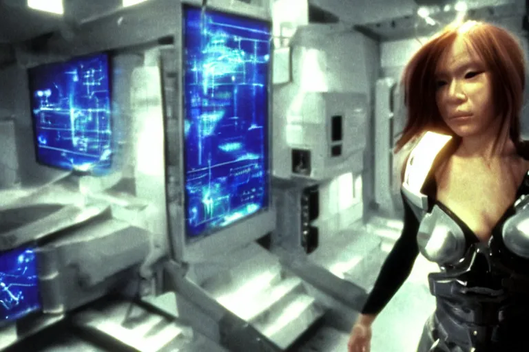 Prompt: cyborg - chika fujiwara in cyberspace, in 2 0 5 5, y 2 k cybercore, industrial low - light photography, still from a ridley scott movie