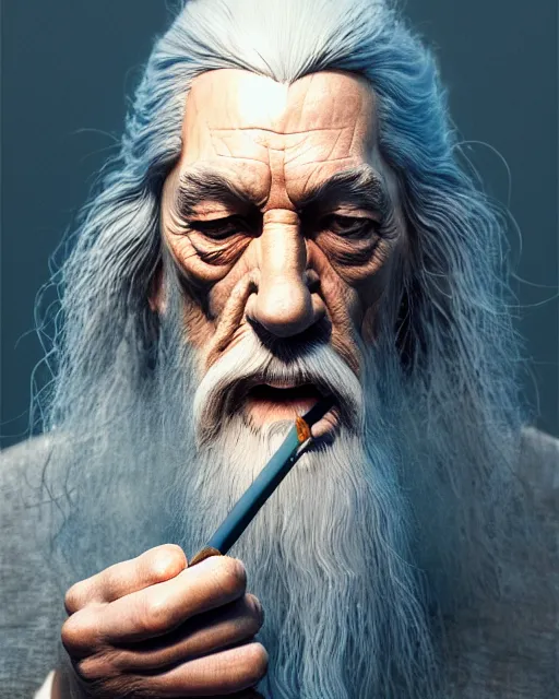 Prompt: portrait of gandalf smoking bong, intricate abstract. intricate artwork, by tooth wu, wlop, beeple, dan mumford. concept art, octane render, trending on artstation, greg rutkowski very coherent symmetrical artwork. cinematic, key art, hyper realism, high detail, octane render, 8 k, iridescent accents