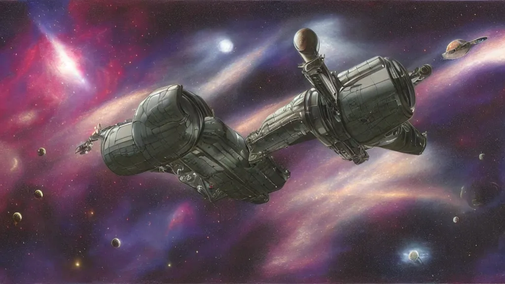 Image similar to sci fi spacecraft in a nebula by peter elson