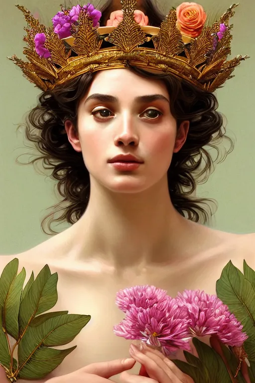 Prompt: body portrait of beautiful roman godess wearing a robe of flowers, wearing a crown of leaves, full body portrait of a young beautiful woman low angle by terry o'neill intricate, elegant, highly detailed, digital painting, artstation, concept art, smooth, sharp focus, illustration, art by artgerm and greg rutkowski and alphonse mucha, 8 k