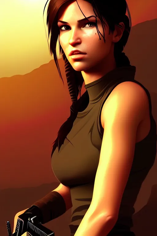 Image similar to lara croft portrait artwork by ilya kuvshinov, autumn natural lights