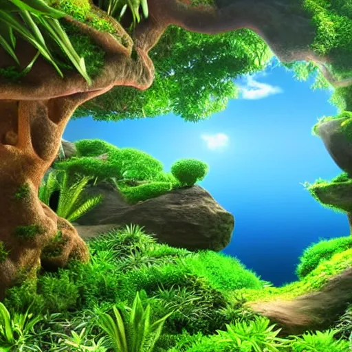 Image similar to dreamy landscape of a beautiful jungle ocean land, 3 d render