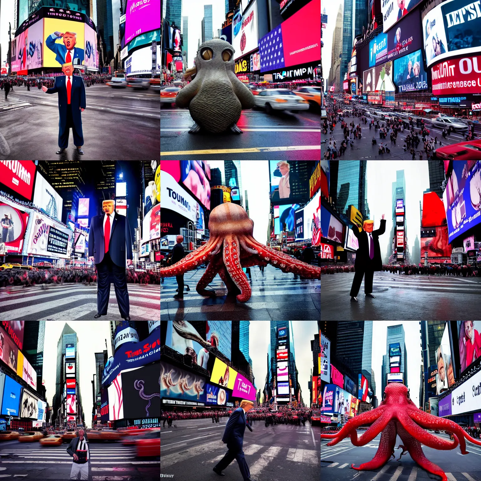 Prompt: donald trump as giant octopus on times square, street, cinematic mood, overcast, foggy, dramatic, full body shot, by discovery channel