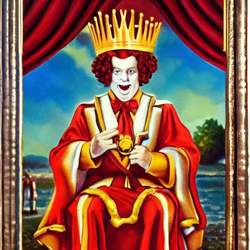 Image similar to Ronald McDonald Burger King coronation ceremony official lesser key of solomon masonic highly symbolic oil painting Turkish broadcast 720p film grain DVD rip