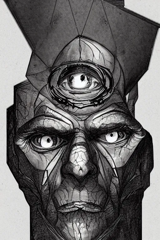 Image similar to portrait of triangle shaped ogre head with single centered giant bloodshot eye, in the style of Greg Broadmore and Arthur Rackham,trending on artstation, light lighting side view,digital art,surrealism ,macro,blueprint ,vaporwave ,