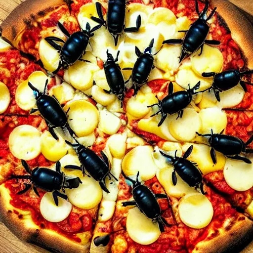 Image similar to a close up shot of a new york style pizza with a nest of yellow and black wasps on top, extremely realistic, very crisp details, photo realistic, trending on instagram, soft colors