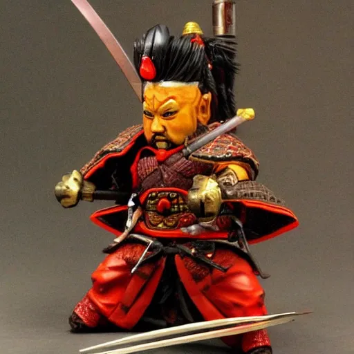 Image similar to samurai with flaming armor pointing a red katana at a gnome, highly detailed