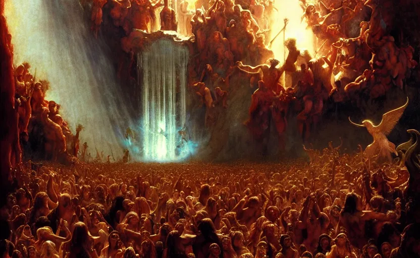 Image similar to alvah angelrune water portal to hell located in heaven, crowd of people, rule of thirds, 4 k, dark bright effect, highly detailed painting by gaston bussiere, craig mullins, j. c. leyendecker, michelangelo