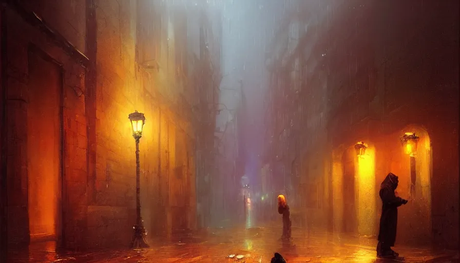 Image similar to Homeless man with divine glowing eyes begging for money in a raining dark city alley by Marc Simonetti and Delphin Enjolras