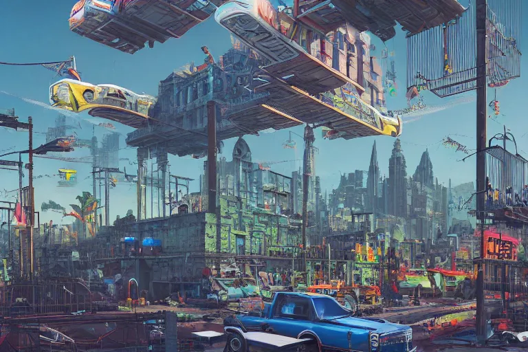 Prompt: hyperrealistic matte painting of aztec temples in a future environment with flying cars, mechanical features and neon, graffiti, scaffolding, smog, destruction by filip hodas, beeple, 4 k, trending on cgsociety