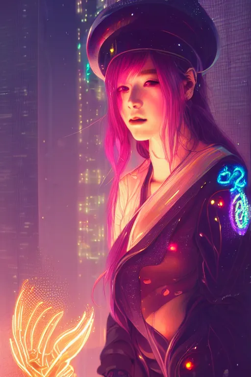 Image similar to portrait futuristic wizard Girl with fire and sparkles, in future cyberpunk tokyo rooftop , ssci-fi, fantasy, intricate, very very beautiful, elegant, human anatomy, human structure, neon light, highly detailed, digital painting, artstation, concept art, smooth, sharp focus, illustration, art by tian zi and WLOP and alphonse mucha