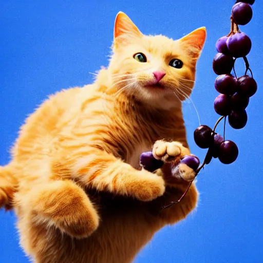 Prompt: stock image of cat falling from sky with grapes