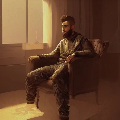 Prompt: Young middle-eastern Almighty God, wearing tracksuit sitting in armchair in poor european apartment. Perfect composition. Very very beautiful digital art in style of Greg Rutkowski, intricate stunning texture and details, fine detailed face. Trending on artstation. Dramatic lighting