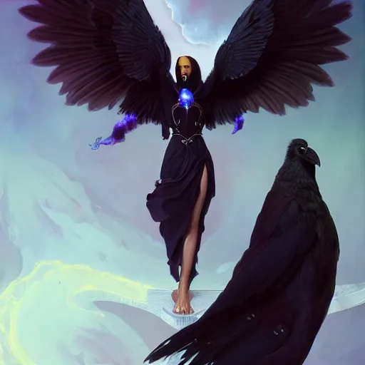 Prompt: character portrait of a modest robed raven angel with iridescent black raven wings, by Peter Mohrbacher, Artgerm, Mark Brooks, Jim Burns, Marina Abramović, Wadim Kashin, trending on Artstation