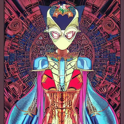 Image similar to beautiful portrait of the mysterious cybernetic masked figure, vogue cover, vogue poses, beautiful ornamental silk cape, intricate, highly detailed, masterful, fantasy world, sci fi world, in the style of moebius, akira toriyama, jean giraud