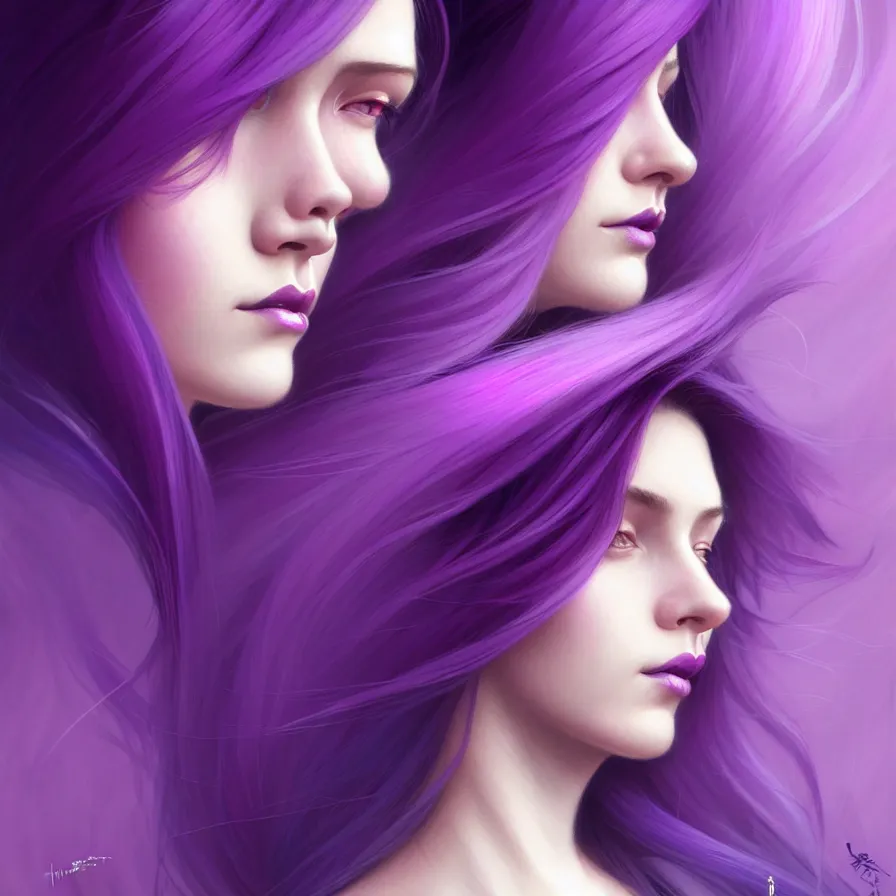 Image similar to Purple hair relistic Portrait of a two woman with bright colored flying hair, all shades of purple. Beauty face, Hair coloring, fantasy, intricate, elegant, highly detailed, digital painting, artstation, concept art, smooth, sharp focus, illustration, art by artgerm and greg rutkowski and alphonse mucha