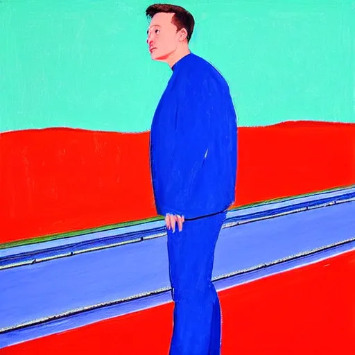 Prompt: elon musk in a painting by david hockney, on a bridge, in the sky, ( ( red, ) ) green, alpha