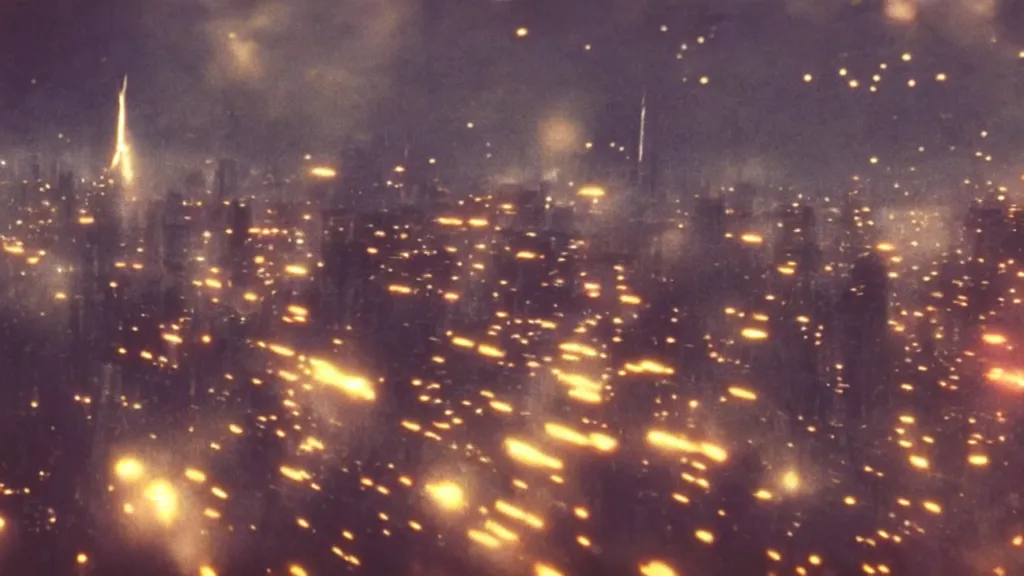 Image similar to spaceship flying over city, a screenshot of blade runner