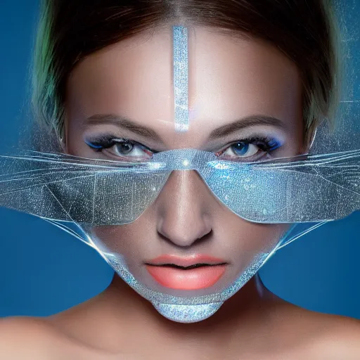 Prompt: portrait of a beautiful futuristic woman layered with high-tech jewelry wrapping around her face and head, silver-blue light