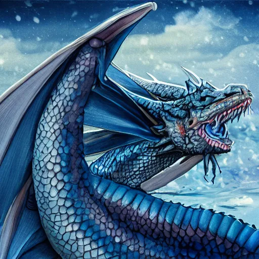 Prompt: HD, photo , realism , chubby female dragon , blue scales. playing in the snow