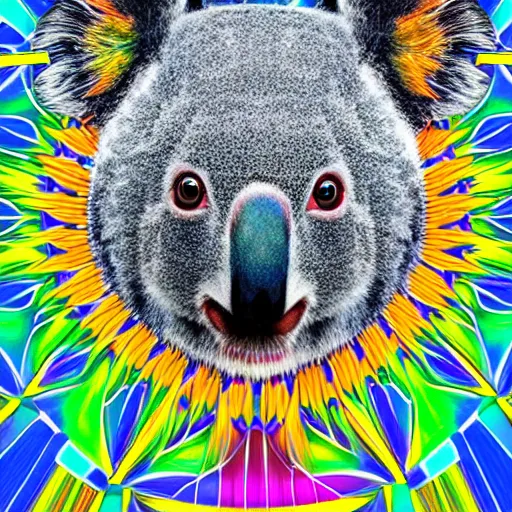 Prompt: a technicolor portrait of a koala in geometric kaleidoscopic colors trending on artstation 4 k intricate extremely detailed digital art