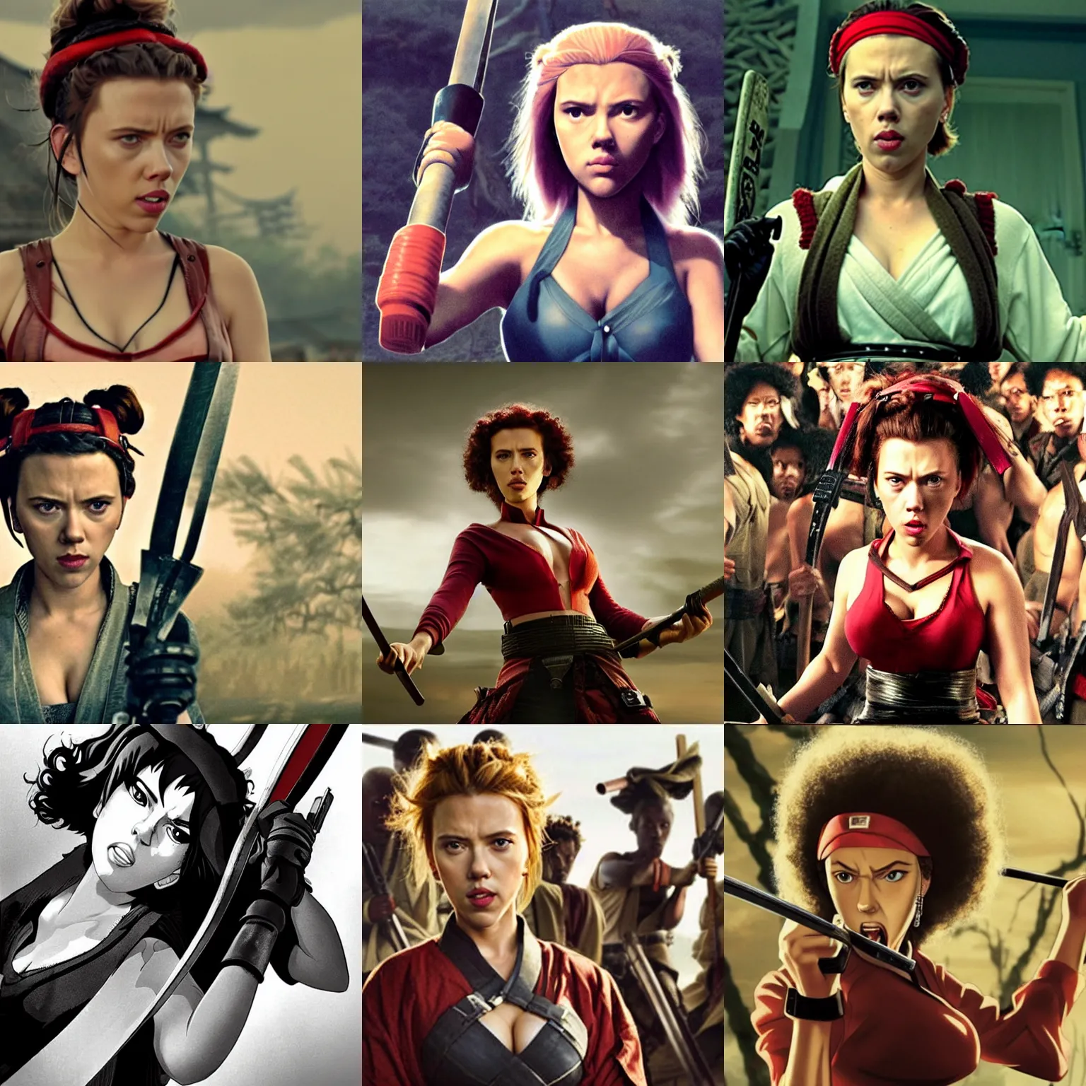 Prompt: scarlett johansson with angry expression, wearing the number 1 headband, surrounded by bandits, she is holding a samurai sword ready to fight in afro samurai anime