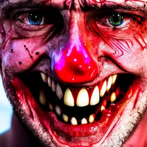 Prompt: extreme close up, portrait style, sideways teeth, horror, man, eyes wide open, pain, blood drip from eyeballs, colours, dark creature in background
