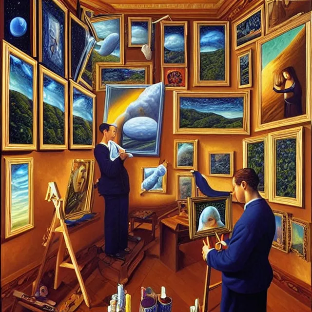 Image similar to an oil on canvas portrait of a man painting a portrait of a beautiful woman surrounded by portrait paintings, surrealism, surrealist, cosmic horror, rob gonsalves, high detail