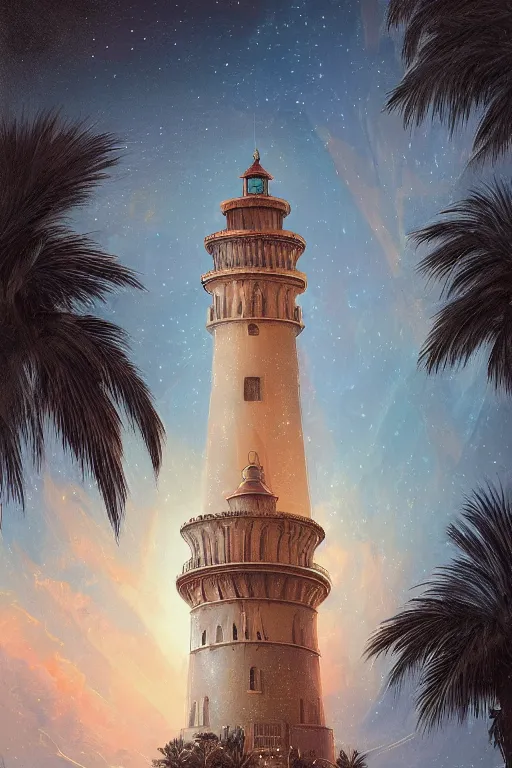 Prompt: Detailed Exterior Shot of Intricate Lighthouse of Alexandria, light of nebula, moonlight shafts, palm trees, night atmosphere, in Style of Peter Mohrbacher, cinematic lighting