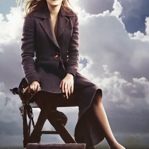 Prompt: Emma Watson sitting on a magic broomstick flying in the clouds, full body shot