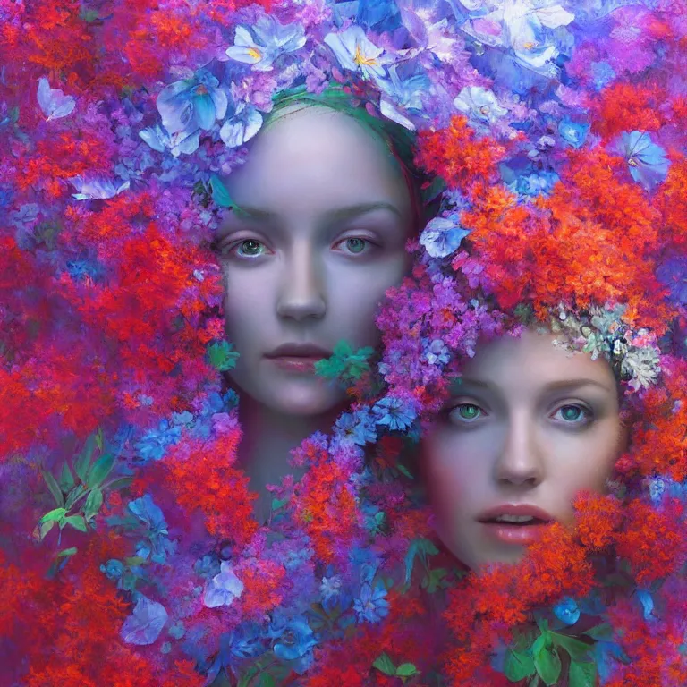 Image similar to a beautiful oil painting hyperrealism of a beautiful woman, flowers, floral headdress, 8 k resolution, octane render, trending on artstation, by gediminas pranckevicius, volumetric light 2 blue fractal thunder glow by dan mumford, anaglyph effect, laurie lipton