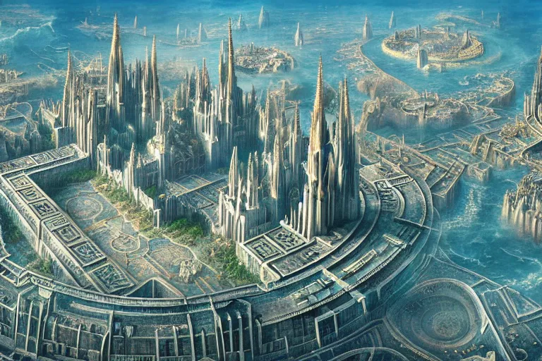 Prompt: a beautiful complex insanely detailed matte painting of the alien city of Atlantis with blue steel towers and an enormous palace cathedral by Heironymous Bosch, aerial view