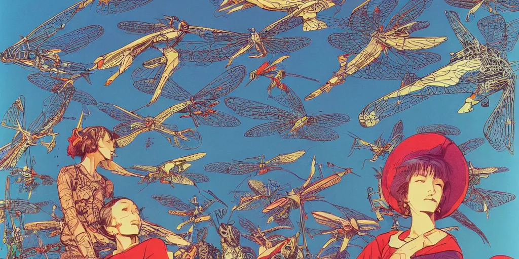 Image similar to gigantic mecha arzach birds with dragonflies, tiny rats, a lot of exotic animals around, big human faces everywhere, helicopters and tremendous birds, risograph drawing by satoshi kon and moebius, matte summer blue colors, surreal psychedelic design, 4 k