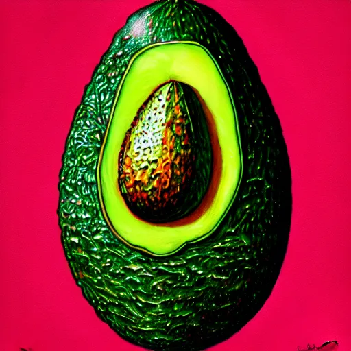 Image similar to An extremely psychedelic portrait of an avocado, surreal, LSD, face, detailed, intricate, elegant, lithe, highly detailed, digital painting, artstation, concept art, smooth, sharp focus, illustration