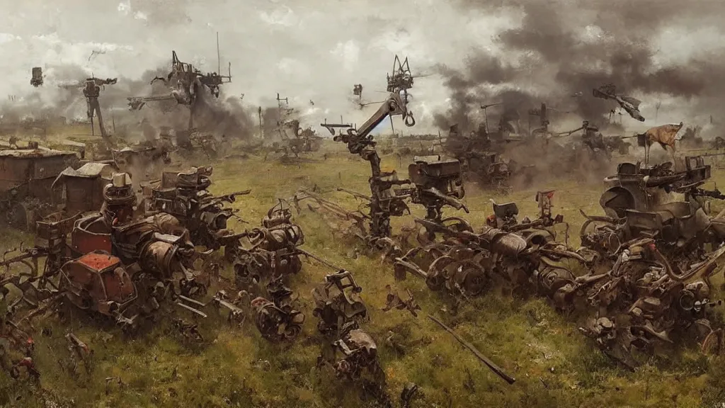 Image similar to 1920's battle in a farming village between bipedal mechs, painted by Jakub Rozalski