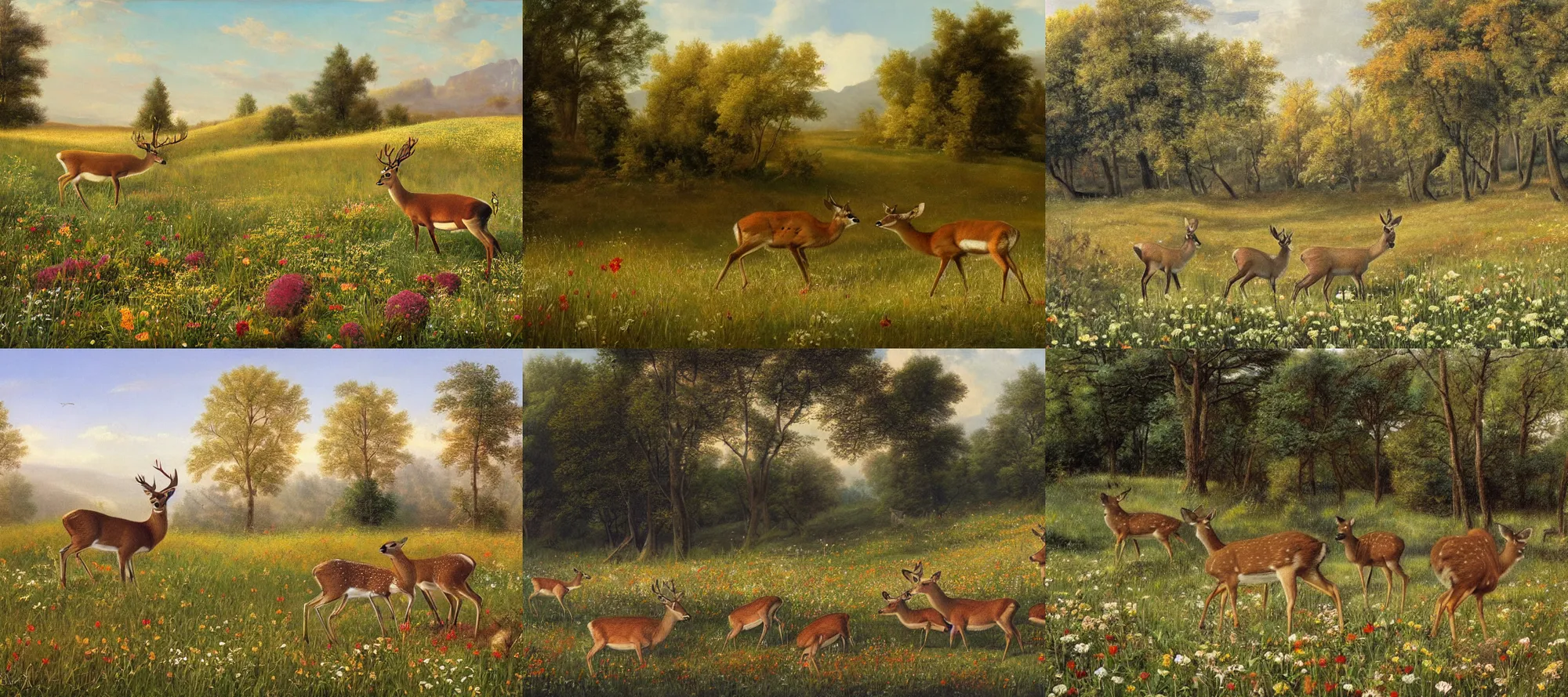 Prompt: deer grazing in a beautiful meadow full of flowers, classic realism,