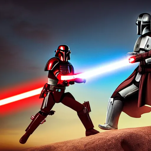 Image similar to jesus christ holding a lightsaber and fighting a mandalorian, 4 k, high resolution, still, landscape, hd, dslr, hyper realistic