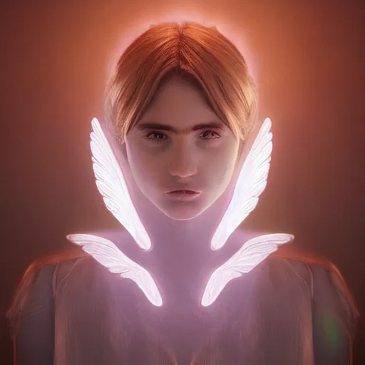 Image similar to portrait art of female angel, art by alessio albi 8 k ultra realistic, angel wings, lens flare, atmosphere, glow, detailed, intricate, full of colour, led lighting, trending on artstation, 4 k, hyperrealistic, focused, extreme details, unreal engine 5, masterpiece