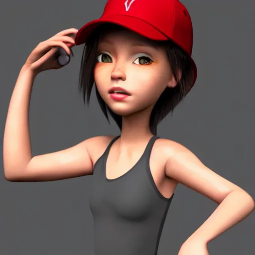 Prompt: a cartoon girl with a baseball cap on her head, vector art by jaeyeon nam, cgsociety, digital art, chibi, rendered in maya, daz 3 d, zbrush