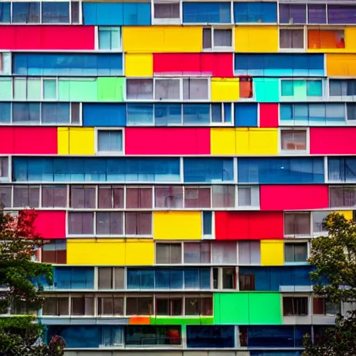 Prompt: Beautiful Photograph of a Colourful Modern-socialist Building, day-light