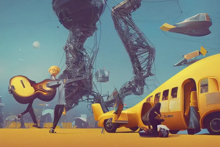 Image similar to the beatles performs with guitar on a yellow flying bus, sci fi, art by mike winkelmann, trending on cgsociety, retrofuturism, darksynth, sci - fi