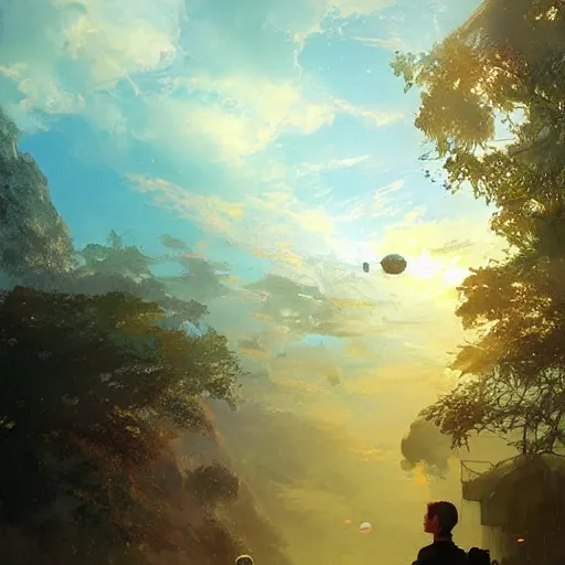 Image similar to space dream, volumetric lighting, dew, spring evening, clear weather, ( few clouds ), realistic illustration, golden hour, perfectly shaded, soft painting, art by krenz cushart and wenjun lin