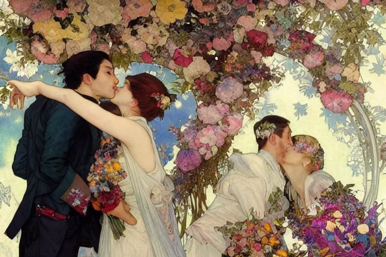 Image similar to the groom kisses the bride at a wedding full of flowers, bright and happy, dreamlike art, highly detail, 4 k realistic, wedding photoy krenz cushart. artem demura. alphonse mucha. yoji shinkawa artgerm. jon lothian. danilo torres. adi meyers. thomas reimann. gaston bussiere.