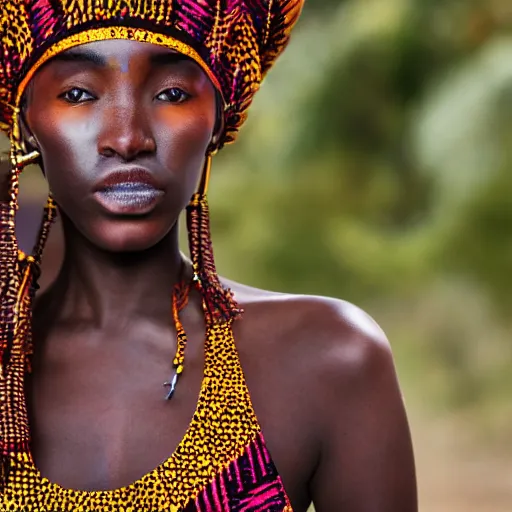 Prompt: african fashion model wearing tribal clothing close up heavy bokeh looking to lens