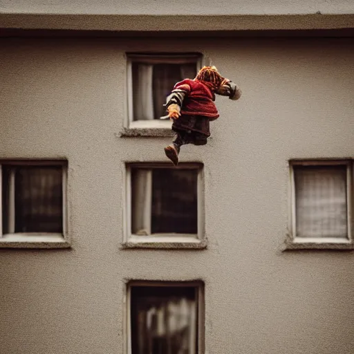 Prompt: close up portrait of dwarf jumping from window, photography realistic detailed, 5 0 mm lens,